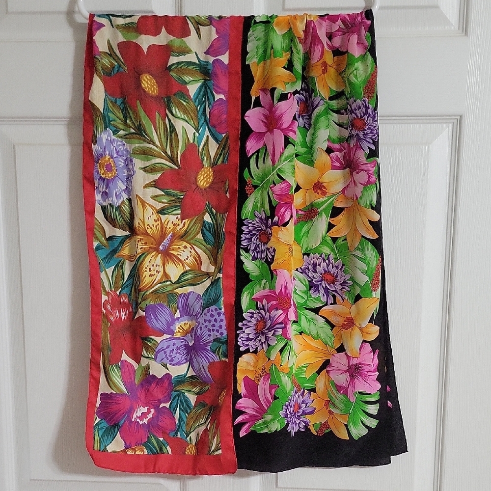 Vintage Botanical Print Scarves Bundle of 2 Red Black Silky Multicolor Botanical